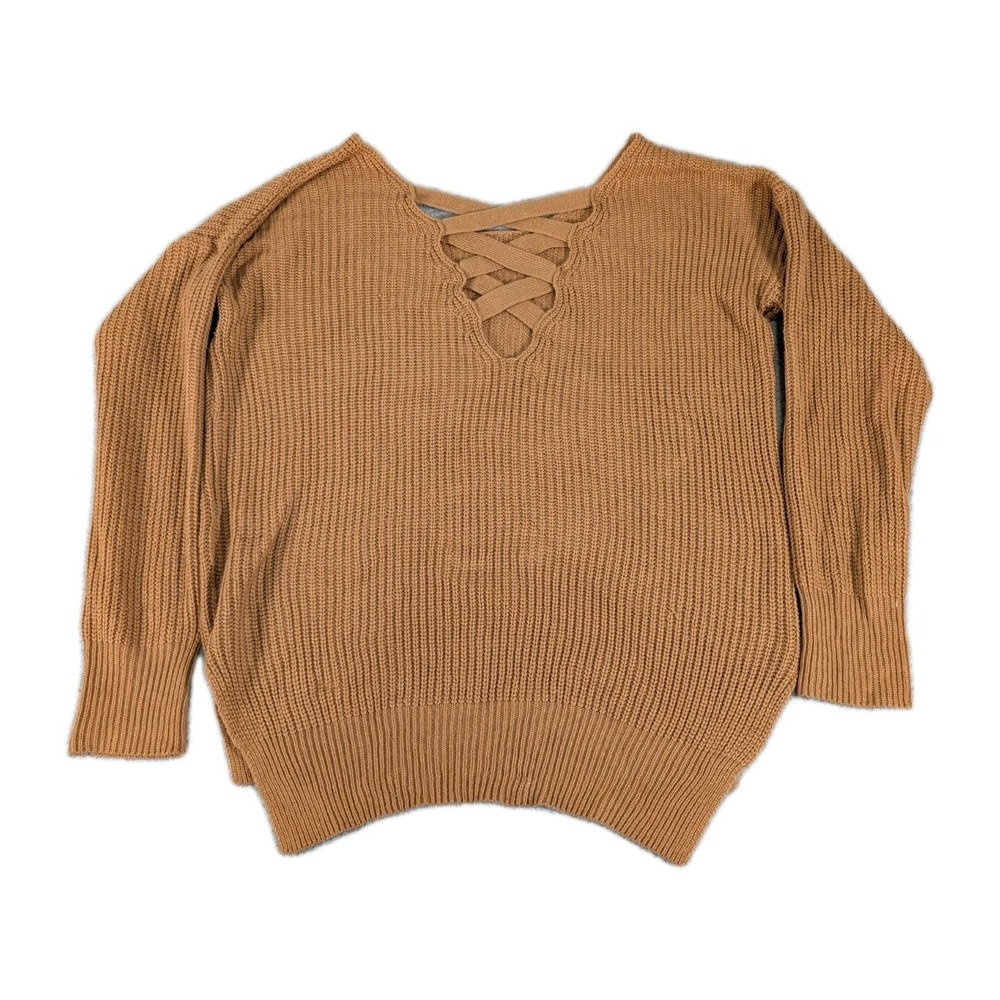 Haute Fox Sweater Laceup V-Neck Sweatshirt Knit Pullover Straps Womens 3XL Brown